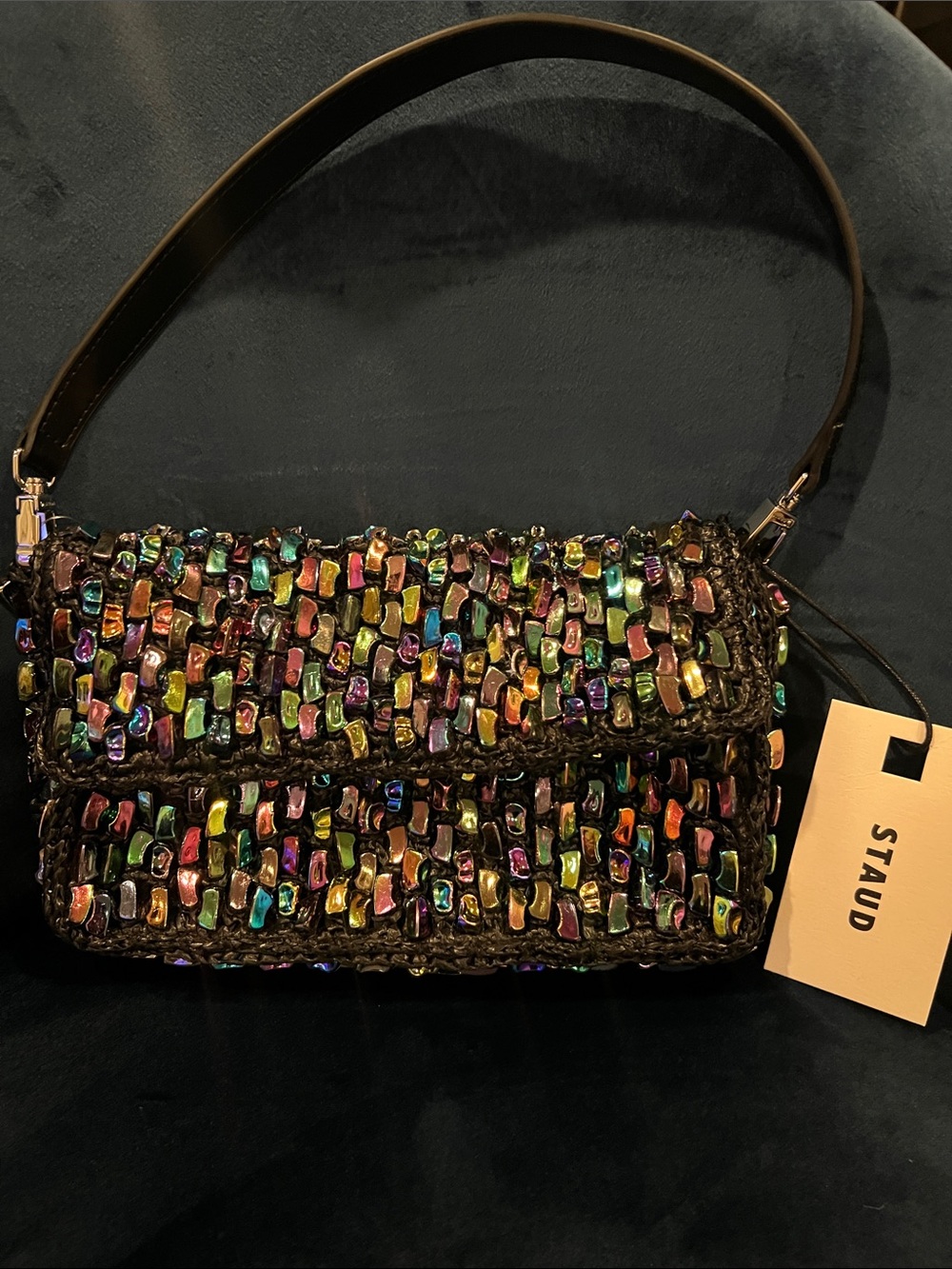 STAUD Black Crochet Shoulder Bag with Multicolor Iridescent Beads